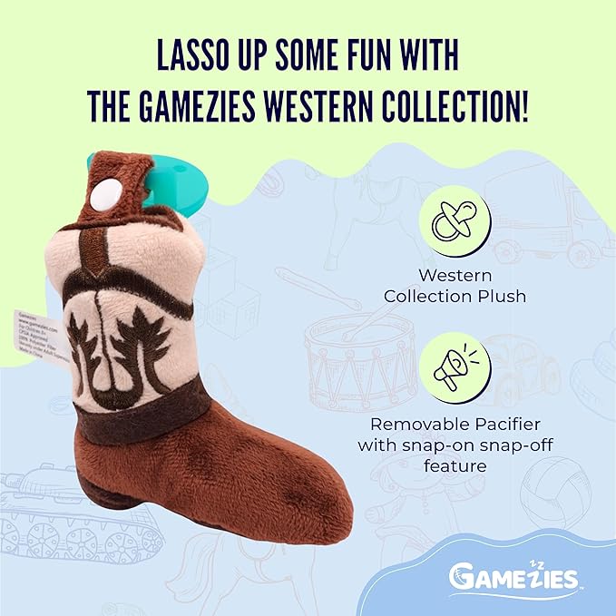 Gamezies Baby Boy and Girl Silicone Boot Plush Pacifier with Detachable Western Toy, Removable, Washable Plush Toy CPSIA Tested, BPA-Free 0-6 Months