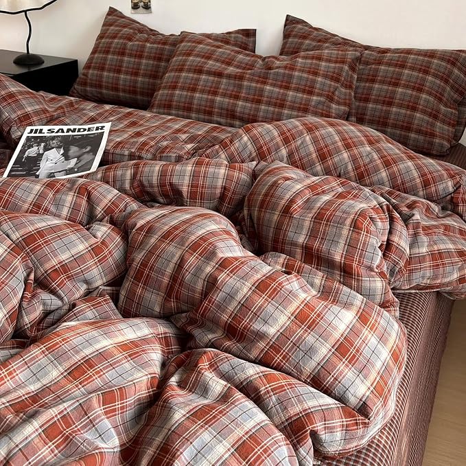 PinkMemory Caramel Blue Gingham Duvet Cover Queen 100% Washed Cotton Buffalo - Image 3
