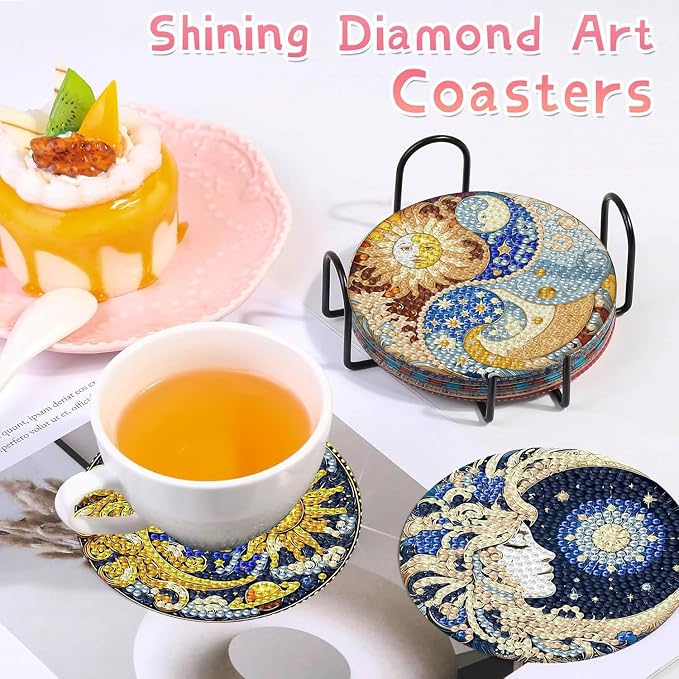 8 PCS Diamond Art Coasters Kits Sun and Month Diamond Painting Coaster | - Image 3