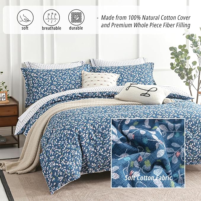 LEMIROE Blue Floral Cotton Comforter King Size - Image 2