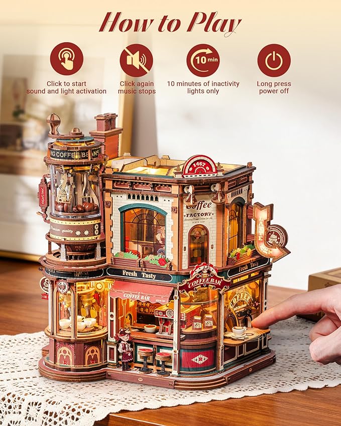 ROKR Dream Coffee Factory, Wooden Music Box Model, Mechanical 3D Wooden Puzzles - Image 3