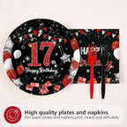96Pcs Red and Black Party Decorations Happy 17th Birthday Plates and Napkins - Image 3