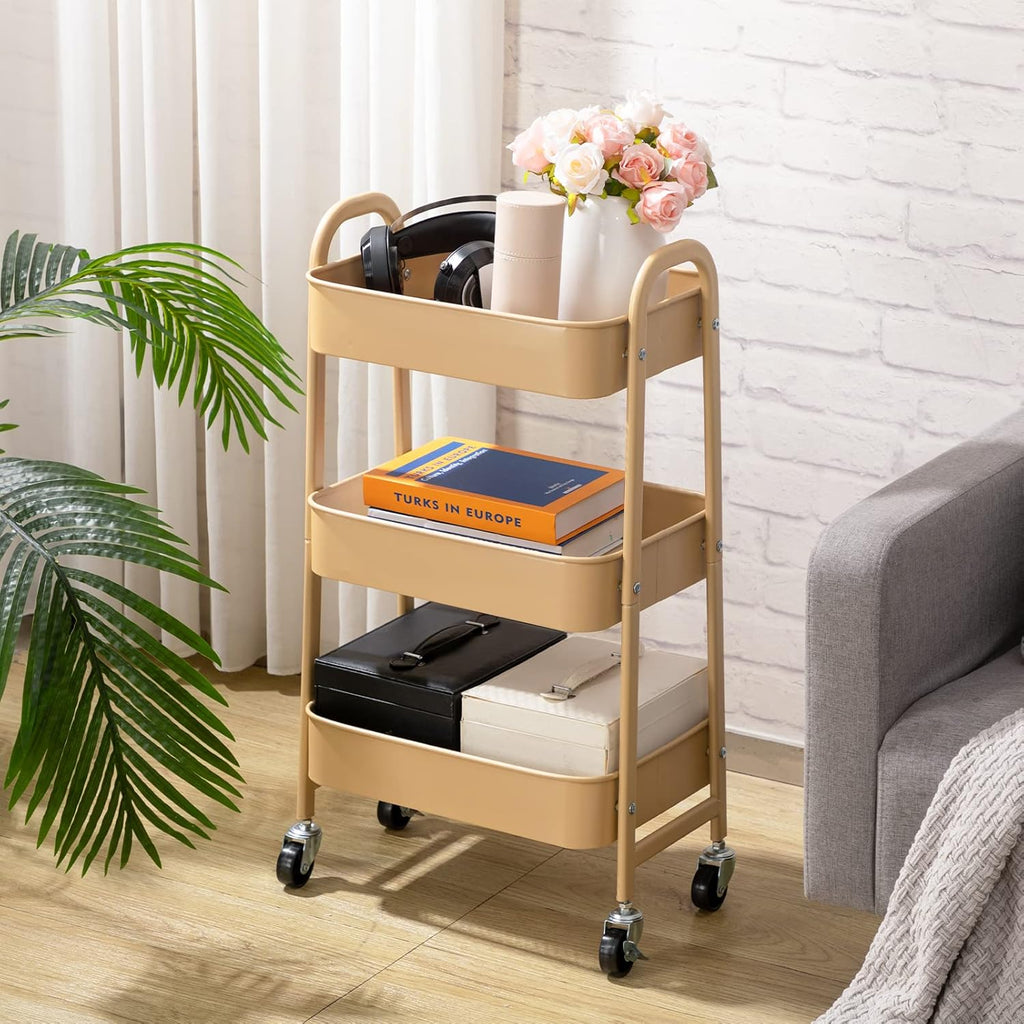 AGTEK Makeup Cart, Movable Rolling Organizer Cart, 3 Tier Metal Utility Cart with Lockable Wheels for Home & Office, Golden