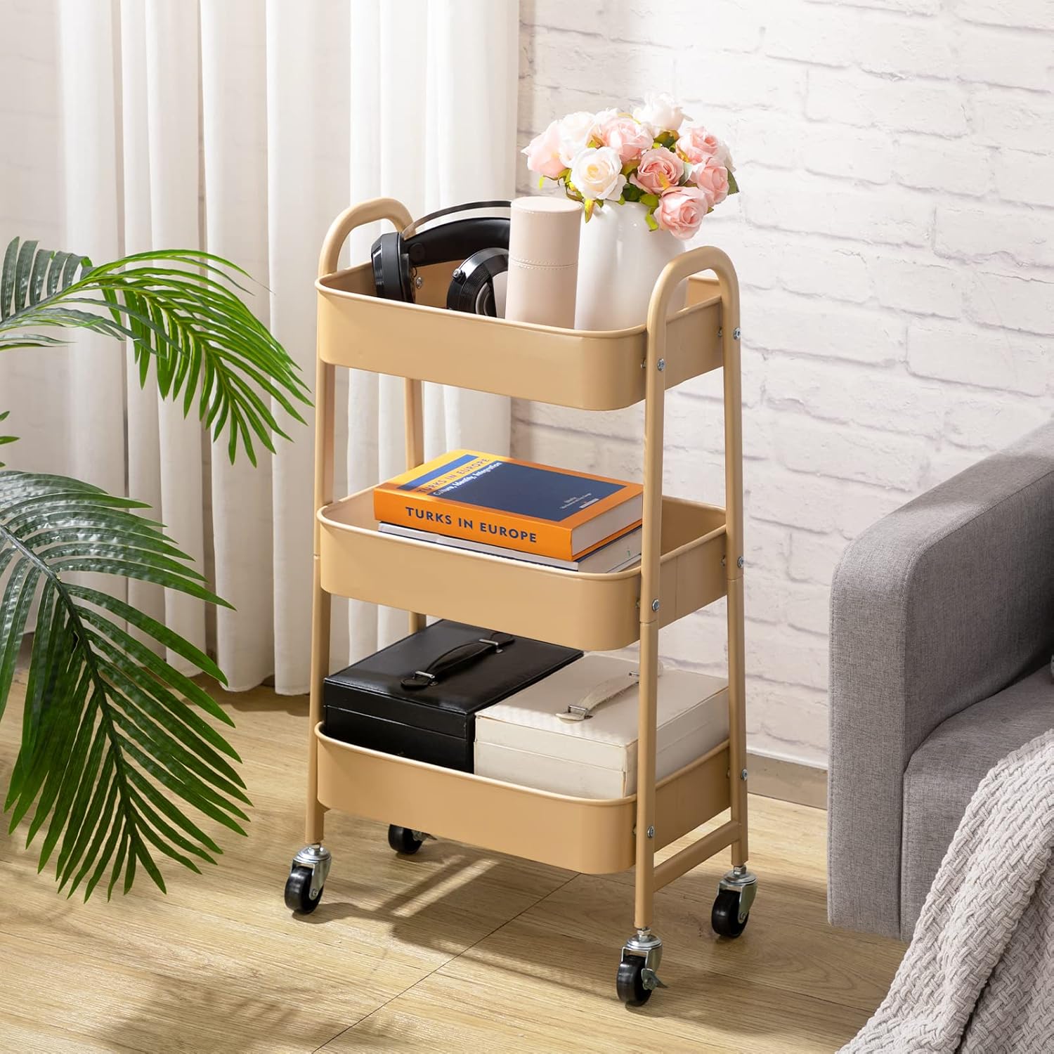 AGTEK Makeup Cart, Movable Rolling Organizer Cart, 3 Tier Metal Utility Cart with Lockable Wheels for Home & Office, Golden