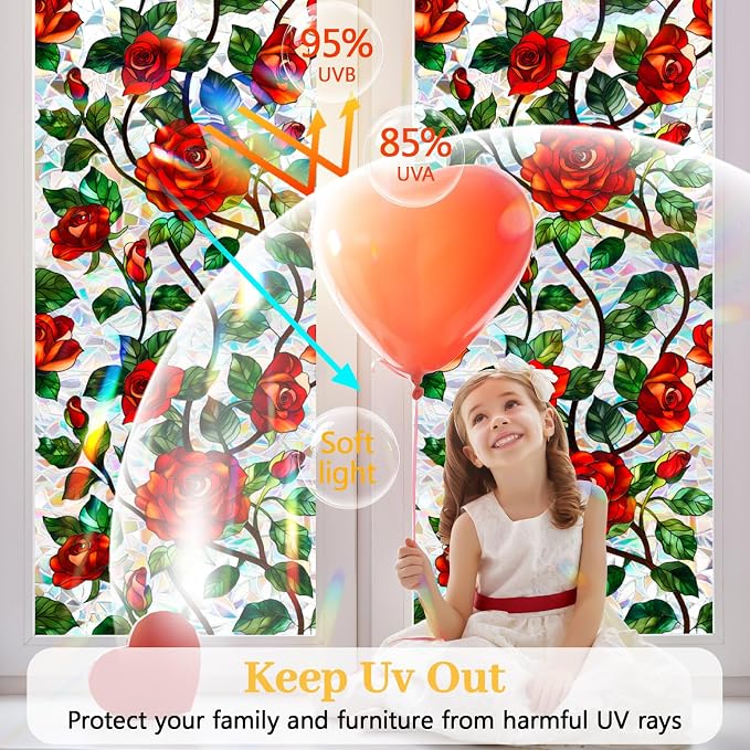 Bloss Rose Stained Glass Windows Film, 35.4x118 inch 3D Flower Privacy Window - Image 3