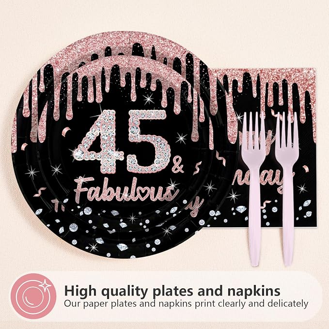 96 Pcs 45th Birthday Party Decorations Rose Gold and Black Happy 45th Birthday - Image 3