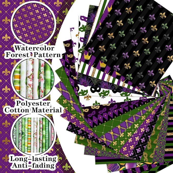 HunnmingRe 20 Pcs 10''x10'' Mardi Gras Quilting Fabric Square Bundle Lily - Image 6