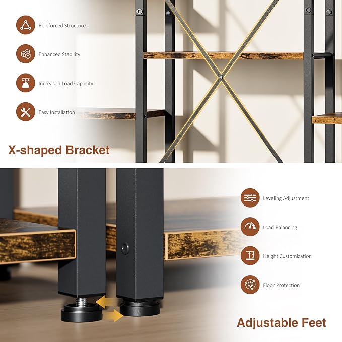 Shintenchi Triple Column 4 Tier Bookshelf, Industrial Large Bookcase Display - Image 7