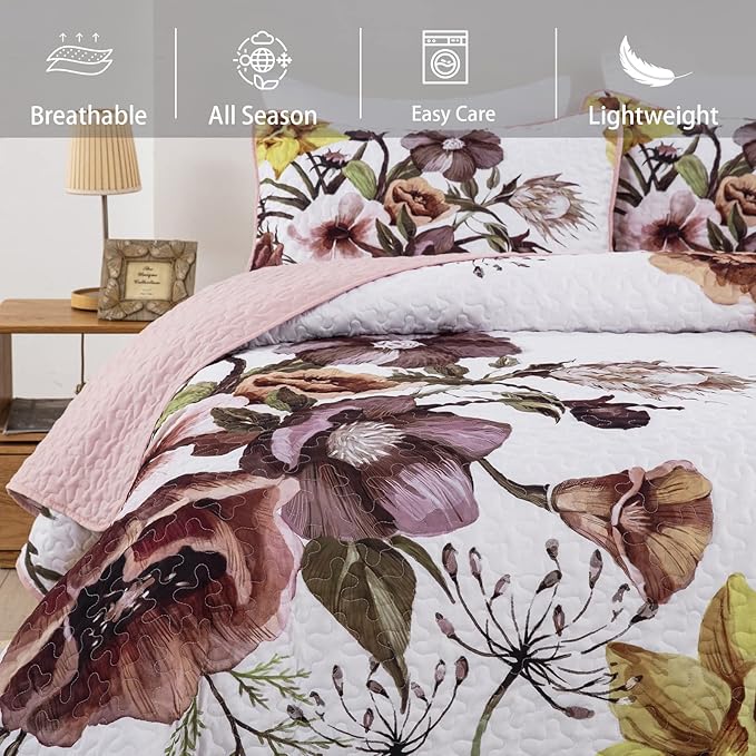 Drucon Floral Quilt Set Twin 2 Pieces Boho Blush Floral Quilt Coverlet Set Soft - Image 3