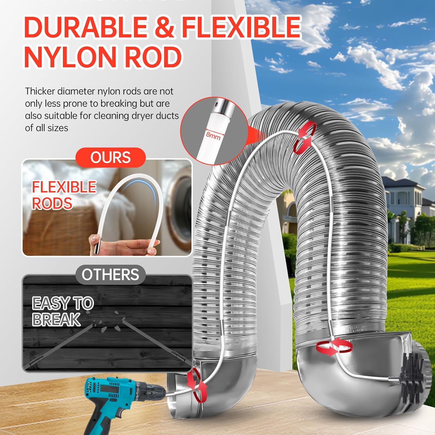 Dryer Vent Cleaner Kit, Bluesea 33-Piece Omnidirectional Dryer Cleaning Kit Include 40 Feet Dryer Vent Brush, Upgrade Noiseless Dryer Lint Vacuum Attachment, Lint Trap Brush, Vacuum & Dryer Adapters