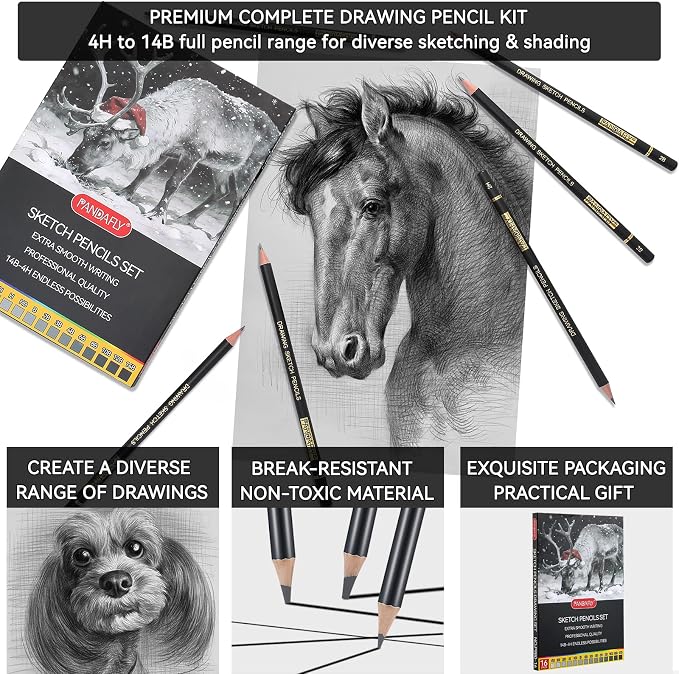 PANDAFLY Drawing Sketch Pencil Set, 16 Piece, 4H to 14B Graphite Pencils | - Image 3