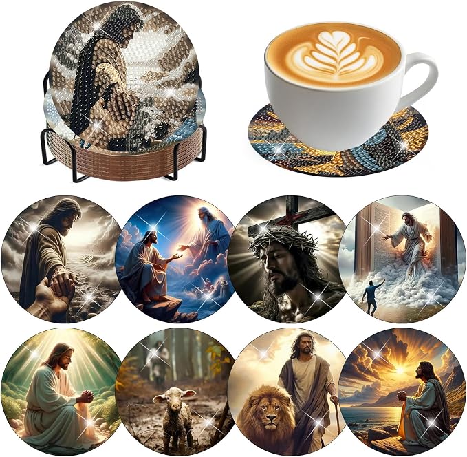 8 Pack Diamond Art Coasters, Jesus Christ Diamond Painting Coasters Kits | by Zythron