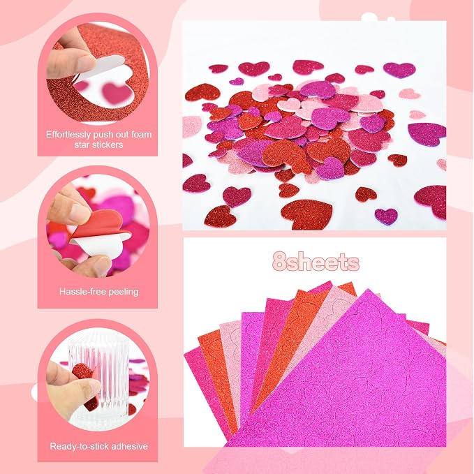 BEISHIDA 392 Pcs Glitter Foam Heart Stickers，Red Pink Purple Heart Shapes - Image 5