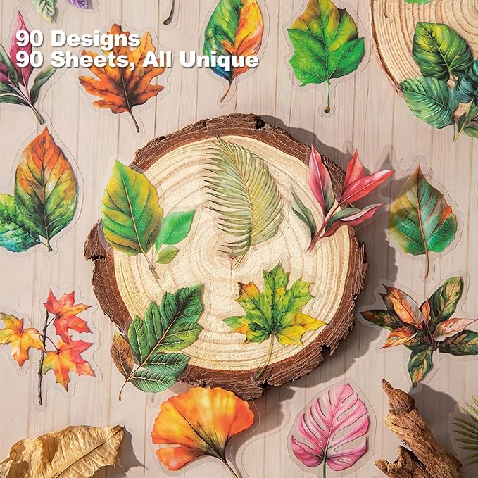 90PCS Leaf PET Stickers — Botanical Designs from Tropical Green to Autumn Maple - Image 2