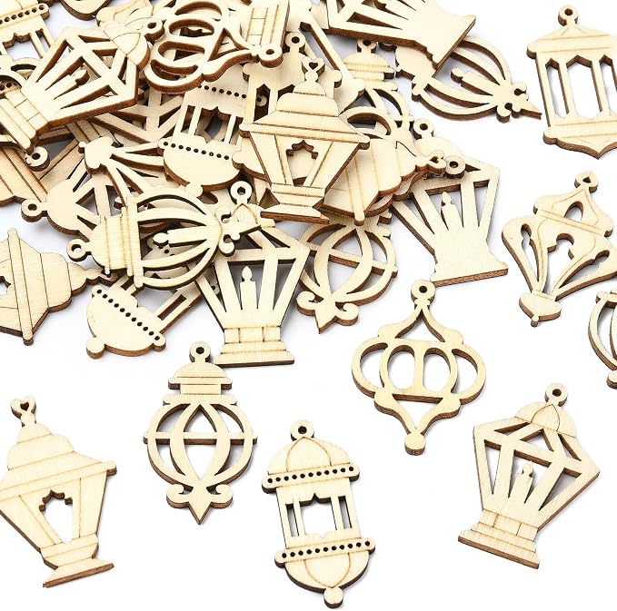 200 pcs Mixed Styles Hollow Lantern Theme Undyed Wood Cutout Charms Pyrography - Image 8