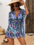 WDIRARA Women's Tie Dye Sheer Boho Chiffon Cover Up Tie Waist Beach Dress Deep - Image 4