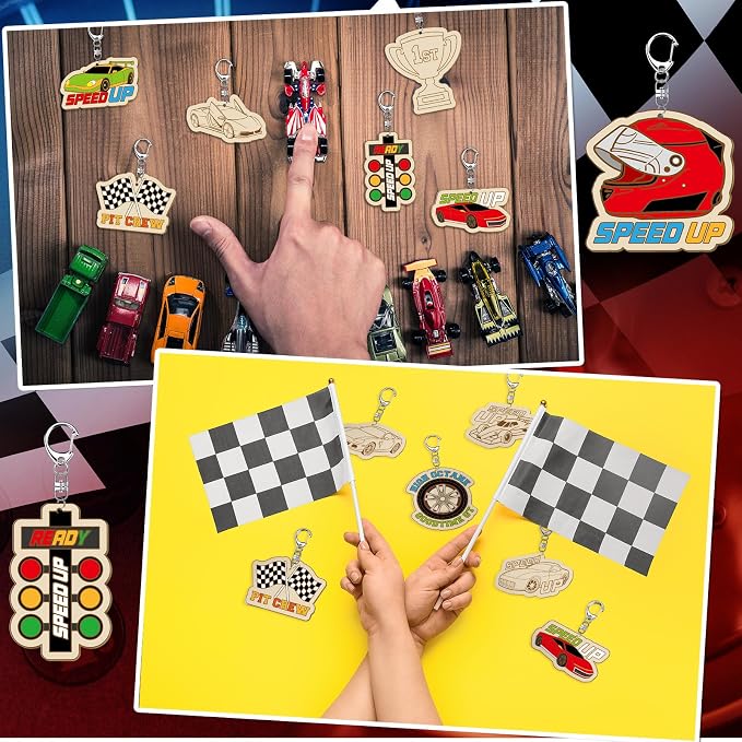 RattanView 24 Pcs Race Car Craft Color Your Own Keychains Diy Craft Wooden - Image 5