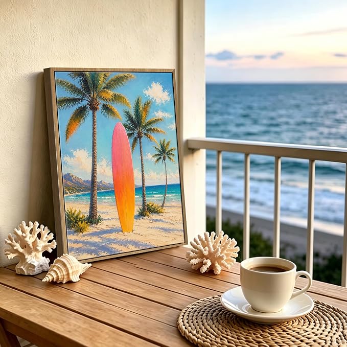 Pastel Gradient Surfboard Palm Tree Canvas Wall Art Print Tropical Summer Beach - Image 2
