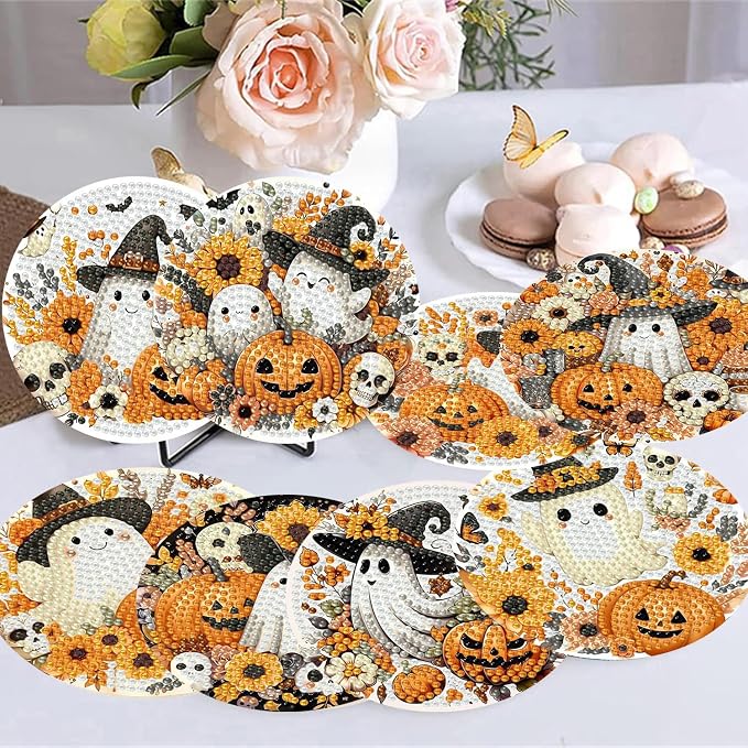 8 Pack Halloween Diamond Art Coasters, Ghost Diamond Painting Coasters Kits | - Image 5