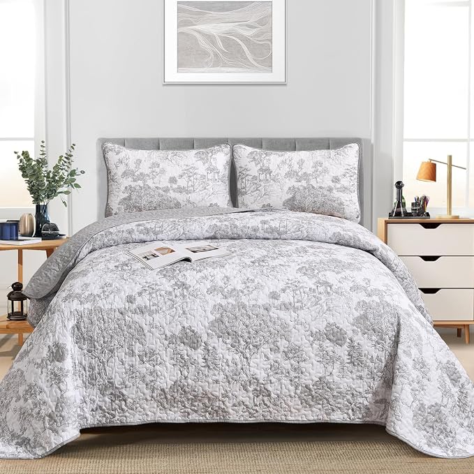 WONGS BEDDING Grey Quilt Set Twin Size, 2 Pieces Botanical Bedspreads Set - Image 2