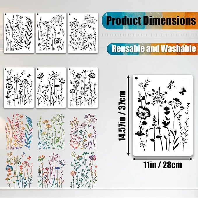 6 PCS Wildflower Stencils for Painting, Reusable Large Floral for Crafts | - Image 2