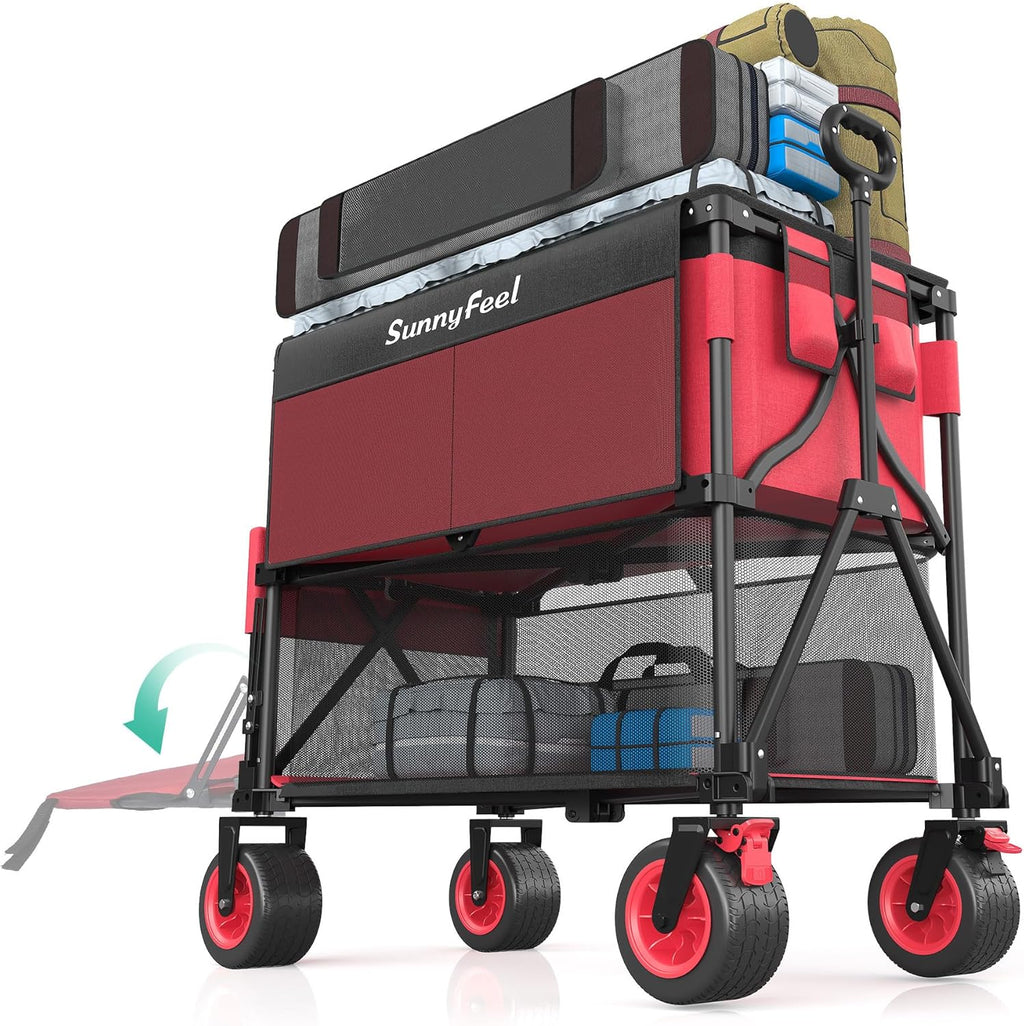 SUNNYFEEL Heavy Duty Collapsible Outdoor Utility Wagon Cart 500LB Capacity Adjustable Handlebar,Foldable Beach Wheels Stable Durable Oxford Fabric for Shopping Garden Camping (Red, Double Deck)
