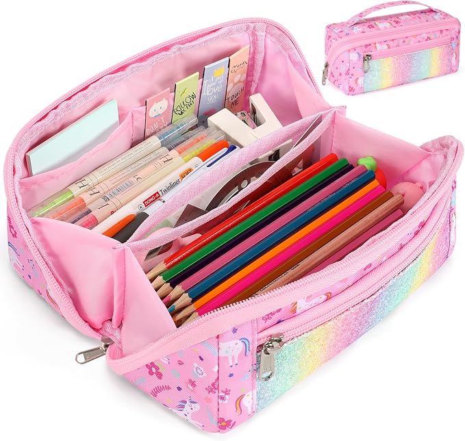 Large Pencil Case for Girls, Aesthetic Pencil Pouch for School, Wide Opening by BrainyBees