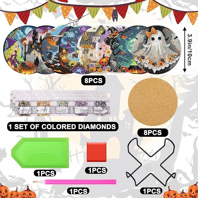Axquilon 8 Pcs Halloween Diamond Art Coasters Kit - Image 2