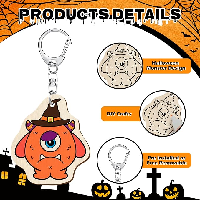 RattanView 24 Pcs Monster Craft Color Your Own Keychains Diy Craft Wooden Blank - Image 3