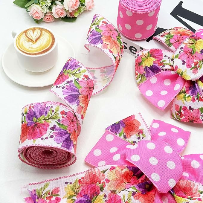2 Rolls Spring Summer Pink Floral Wired Ribbon, 20 Yards White Dot and Colorful - Image 2
