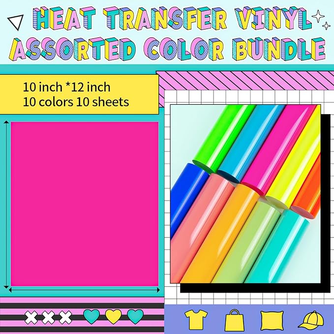 VINYL FROG 10 Sheets Neon Heat Transfer Vinyl Bundle 12"x10" Green & Yellow & - Image 2