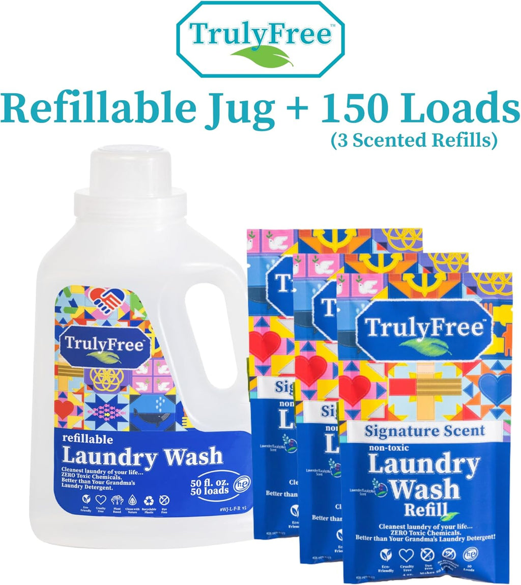 Truly Free Natural Laundry Detergent for Sensitive Skin | Eco Friendly, Plant Based, Baby Clothes Safe | Clean & Easy Powder to Liquid, 3 Pack Detergent + 1 Refillable Jug | Signature Scent 150 Loads