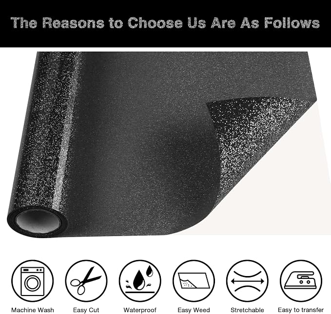 Black Glitter HTV Heat Transfer Vinyl Roll 12inch x 5 ft - Image 3