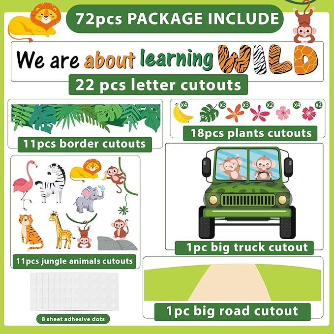 72PCS We Are Wild About Learning Bulletin Board Set Jungle Animals Truck - Image 4