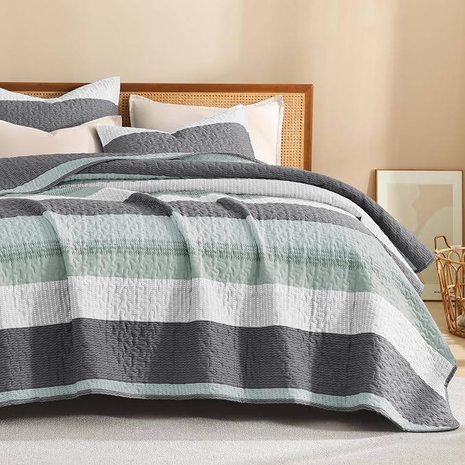 Litanika Quilt King Size Sage Green, Stripe Patchwork Summer Bedspread Coverlet - Image 8