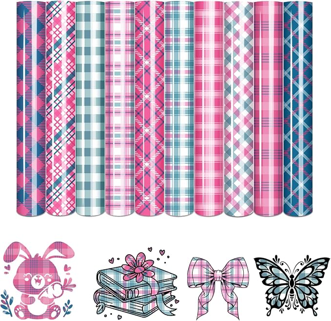 Tintnut Pink Blue Plaid Heat Transfer Vinyl, easy cut & weed, stretch washable by Tintnut