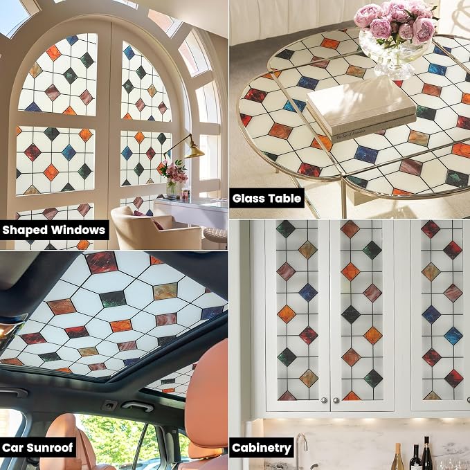 DKTIE Stained Glass Window Film Geometric Patterns, Fine Frosted Window Clings - Image 5