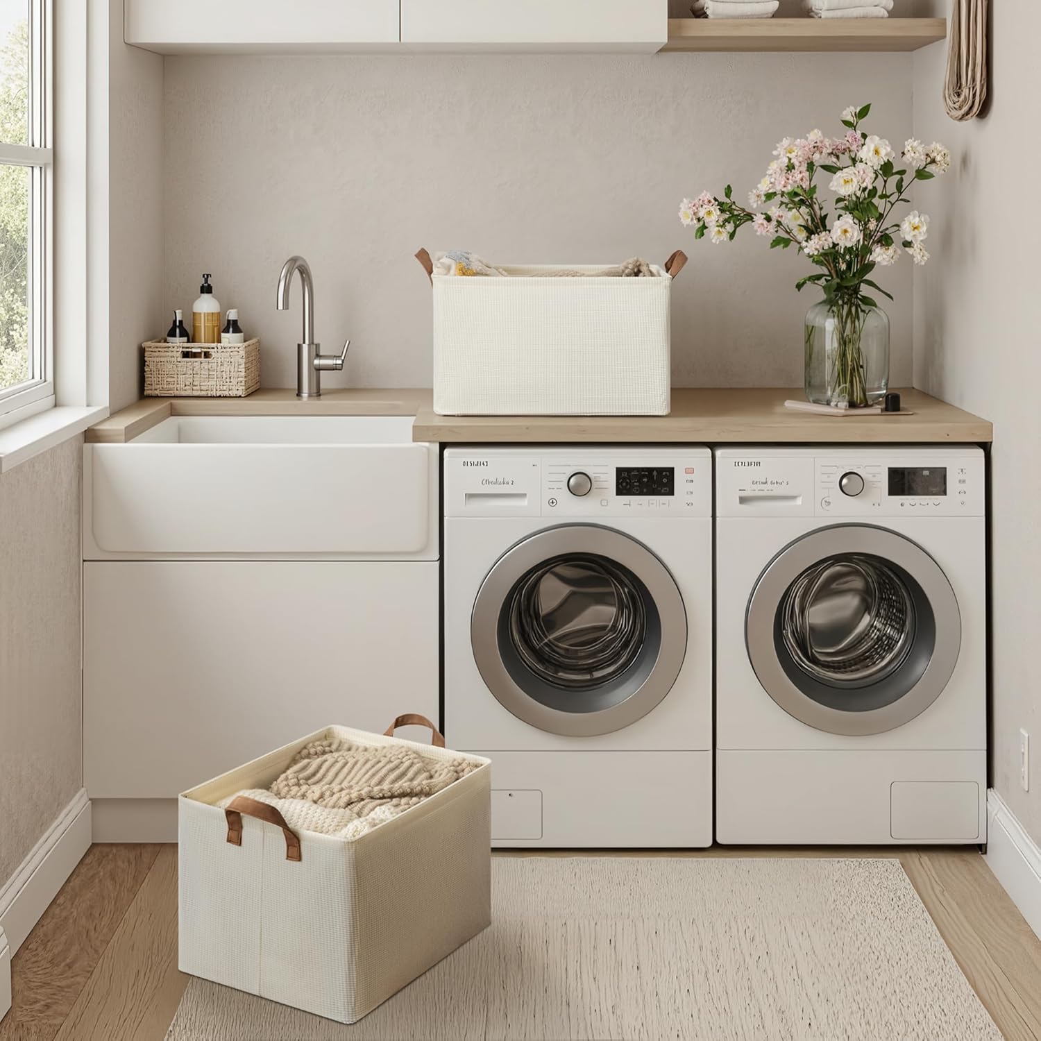 StorageWorks Storage Bins, Shelves Baskets for Organizing, 45L Extra Large Fabric Closet Organizers with Handles, Metal Frame, Beige（Texture）, 2-Pack