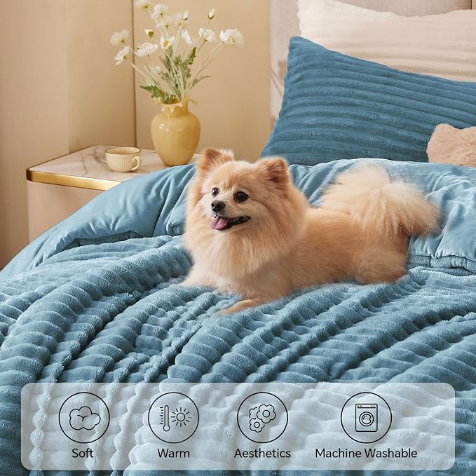 BEDELITE Fleece Full Comforter Set -Super Soft & Warm Fluffy Blue Fog Bedding - Image 3