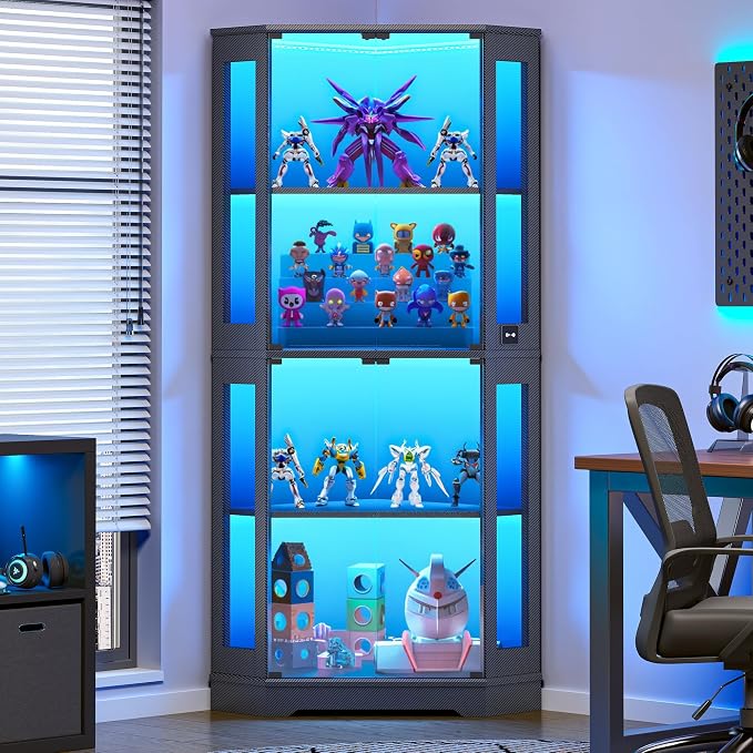 IRONCK 71" Carbon Fiber Corner Glass Display Cabinet, RGB LED Lights by IRONCK
