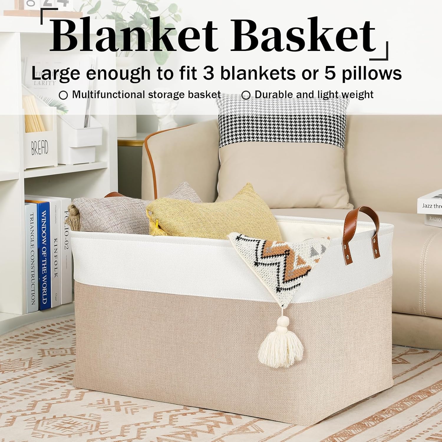 DULLEMELO Extra Large Baskets for Organizing, 22" X 15" X 13" Rectangle Fabric Storage Bins, Foldable Blanket Basket Living Room, Large Kids Toy Storage Organizer Bins, Baby Basket Gift (White&Khaki)