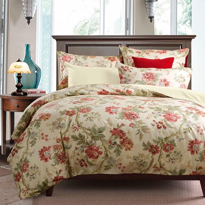 mixinni Garden Style 3 Pieces Red Flower Leaf Pattern Duvet Cover Set Queen by mixinni