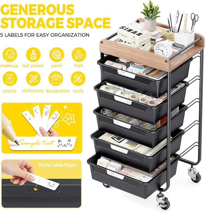 SYKIARIOL Utility Cart with 5 Labeling Drawers and Wooden Tabletop – Rolling - Image 4