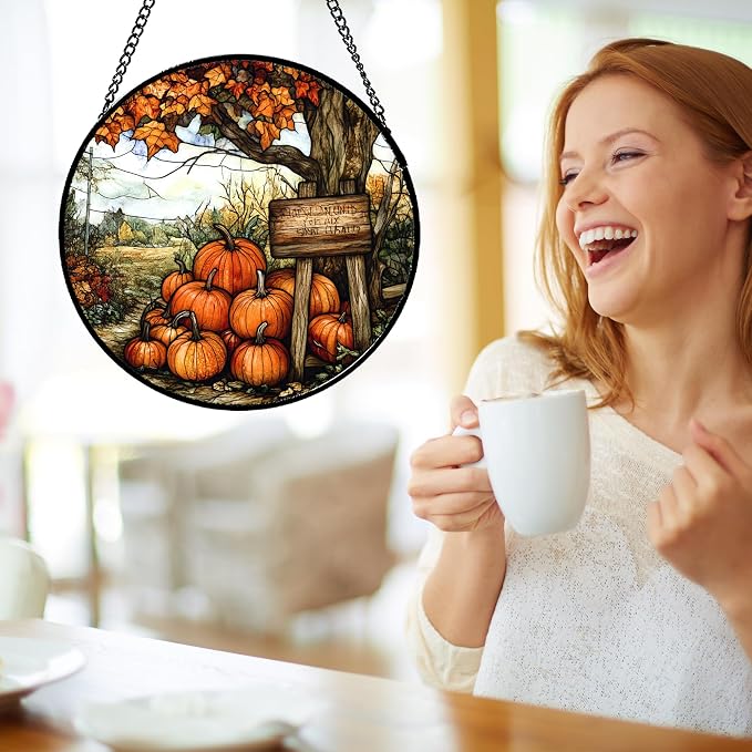 DASTOLL Stained Glass Window Hanging Fall Farm Scenery Maple Trees Pumpkin - Image 5