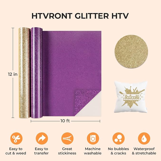 HTVRONT Champagne Gold Glitter HTV, Glitter Heat Transfer Vinyl - Image 4