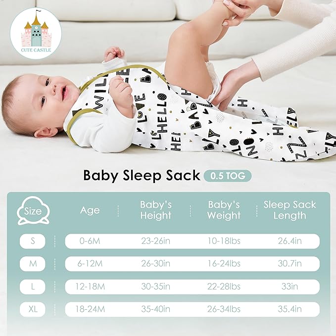 Cute Castle Baby Sleep Sack 18-24 Months - Lightweight 100% Cotton 2-Way Zipper TOG 0.5 Infant Wearable Blanket, Newborn Essentials Toddler Sleep Clothes, 3 Pack(Honey, Dinosaurs, Letters)
