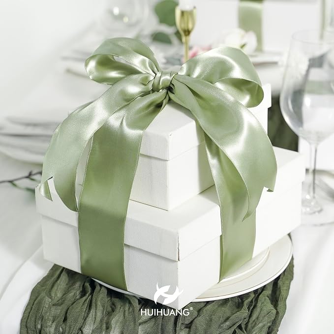 HUIHUANG Sage Green Satin Wired Ribbon 2.5 inch Double-Faced Satin Wire Edge - Image 5