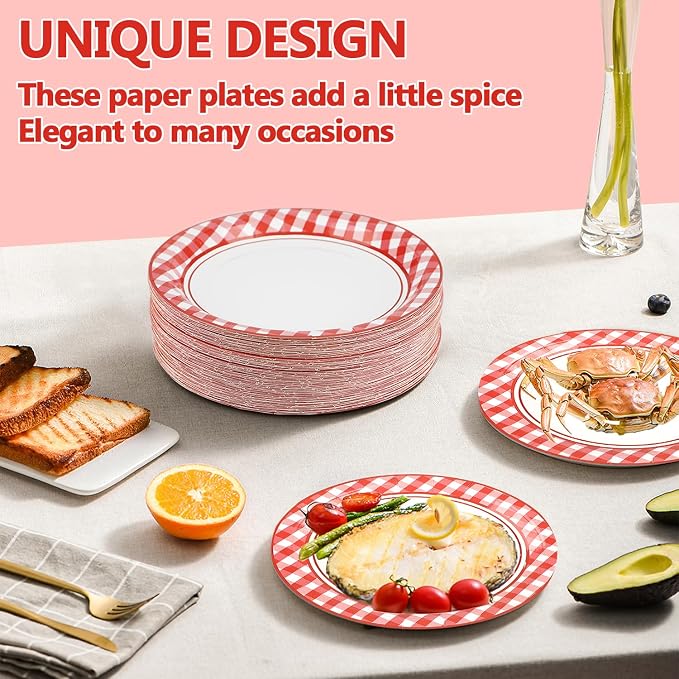 100 PCS Red and White Checkered Plates, Disposable 7 Inch Plaid Paper Dessert - Image 4