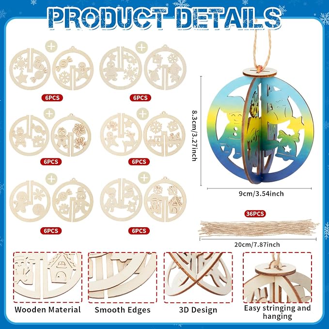 Chunful 72 Pcs DIY Wooden Crafts to Paint Winter Gingerbread Ornaments 3D - Image 3