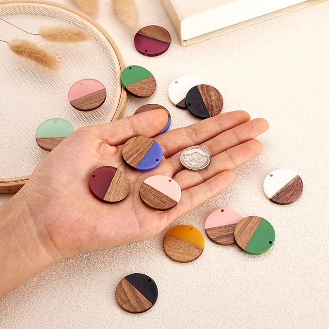 FASHEWELRY 18Pcs Flat Round Wood Resin Earrings Charms 28.5mm Mixed Color Round - Image 3